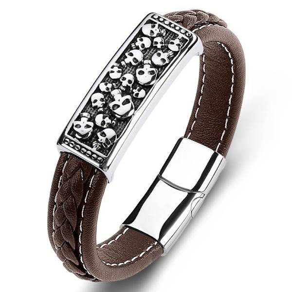 Handgjort flätat armband äkta läder platta m många små döskallar Brown one size