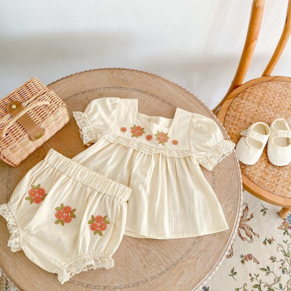 Broderat set m spets klänning + shorts för barn 0-12 månader White 7-12 months