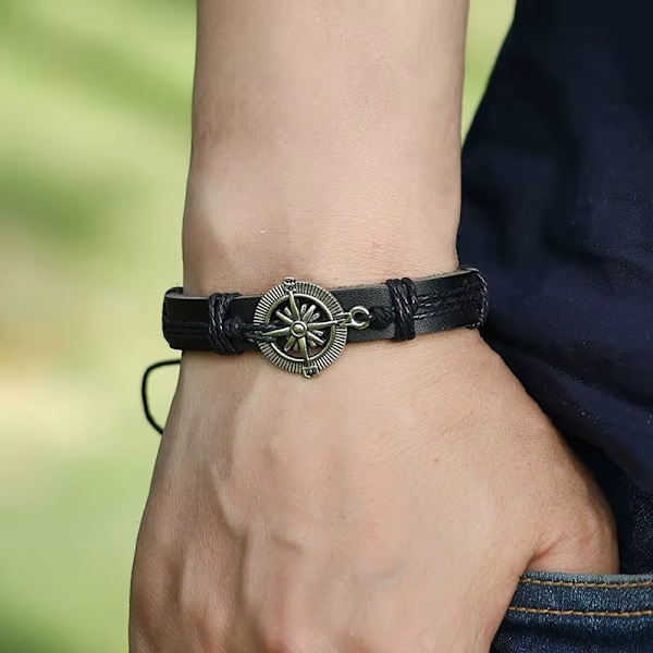 Handgjort armband i autentisk läder brun kompass män metall Brun one size