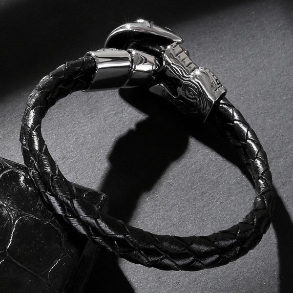 Handmade braided bracelet genuine leather with skull motorcycle helmet Black one size