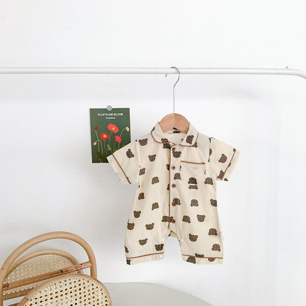 Söt shortsdress/pyjamas i tunt material med nallar eller prickar Beige 13-18 Teddybear
