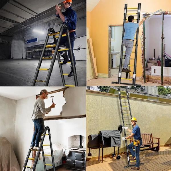 LZQ teleskopstege - Gul-svart - Fällbar - 1,9+1,9m - 12 steg - 150 kg Gul svart