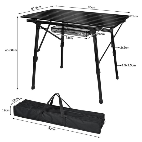 LZQ Campingbord i aluminium Höjdjusterbart hopfällbart bord, campingbord Camping fällbart bord, svart