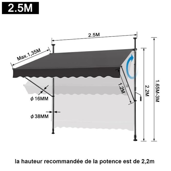 LZQ Infällbar manuell markisgardin - Mörkgrå - 250x120cm - Ingen borrning - Justerbar höjd - Anti UV Mörkgrå