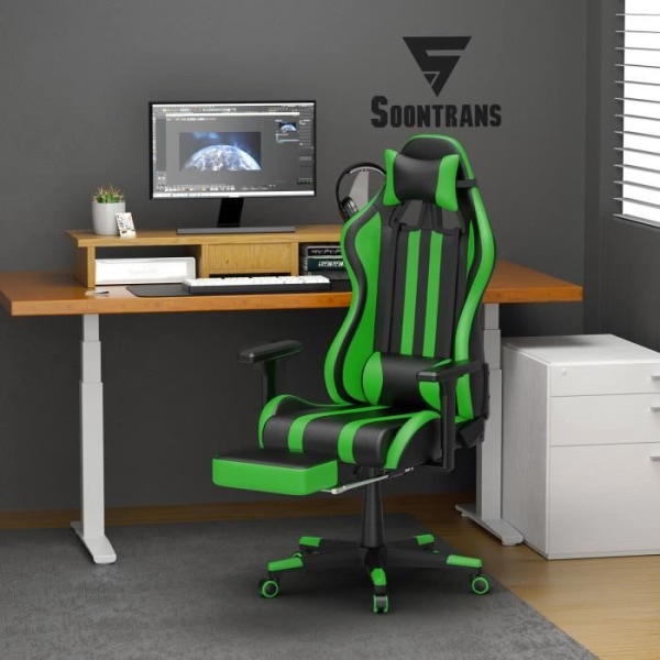 LZQ ergonomisk spelstol med massagefunktion, kontorsstol med fotstöd, svankkudde, 360° vridbar, grön