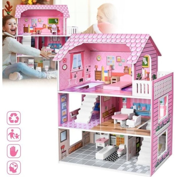 LZQ 3-vånings dockskåp i trä - Barbie-modell - 60x23,7x70cm - Rosa - För barn från 2 år och uppåt
