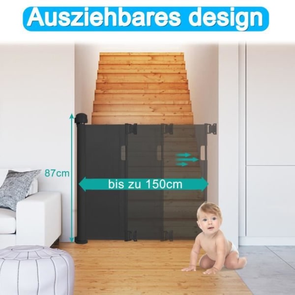 LZQ Stair Door Safety Gate, Baby and Pet Safety Gate, 0-150 cm, 87 cm hög, svart