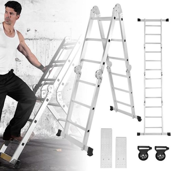 LARS360 6 i 1 stege stege 3,4 m - multifunktionsstege ledad stege med plattform 4x3 stegsteg aluminium stege