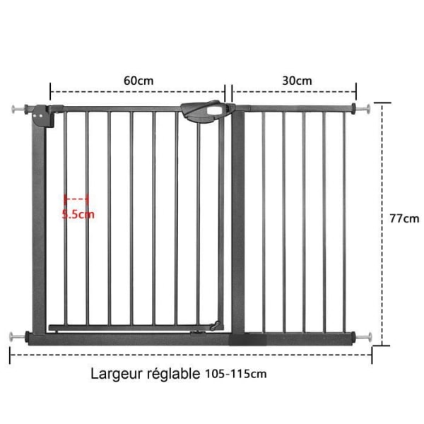 LZQ trappgrind, extra säker metalldörrport med dubbellås för fastspänning, 105-115cm, svart