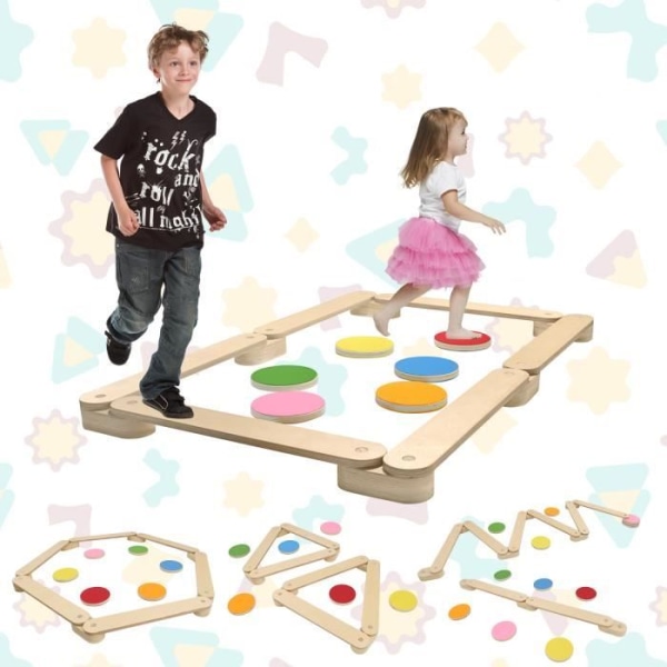 LZQ Balansbalk i trä med 6 Balansstenar för barn, Balansbräda att kombinera fritt, Montessori-leksak från