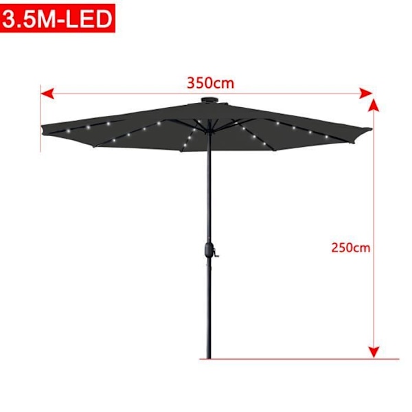 LZQ Trädgårdsparasol Ø350 cm med vev och UV-skydd 40+, med solcellslampor, utan stativ, för strandpatio, grå Grå