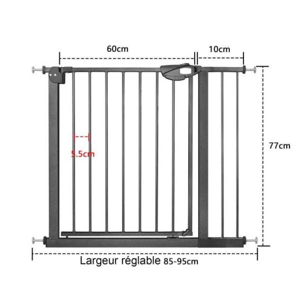 LZQ trappgrind, extra säker metalldörrgrind med dubbellås för fastspänning, 85-95 cm, svart