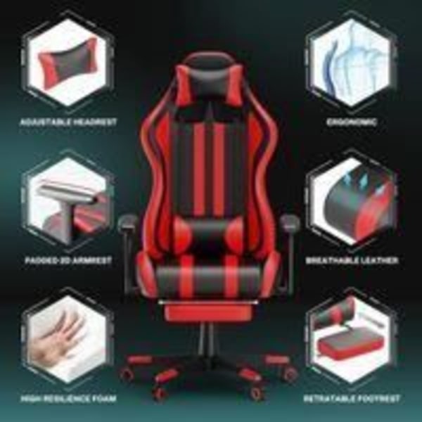 LZQ Ergonomic Gaming stol med massagefunktion, kontorsstol med fotstöd, svankkudde, 360° vridbar,