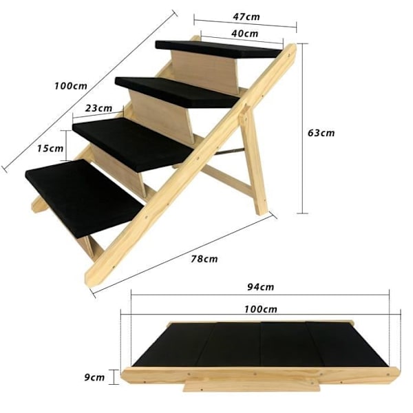 2 i 1 hopfällbar ramp - LZQ - Hundtrappa - Furu - Halkfri - 80 kg