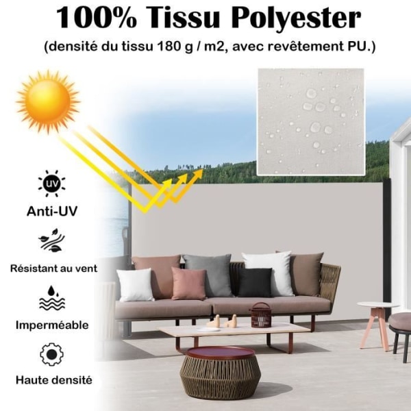 Utdragbar skyddsvägg - LZQ - Utdragbar utomhusparavent - UV-skydd - 2 x 6 m - Ljusgrå Grå