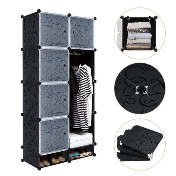 LZQ Plast Sovrumsgarderob med dörr, 8 kuber förvaringsenhet med 2 skoskåp - 157x70x35cm, svart med mönster