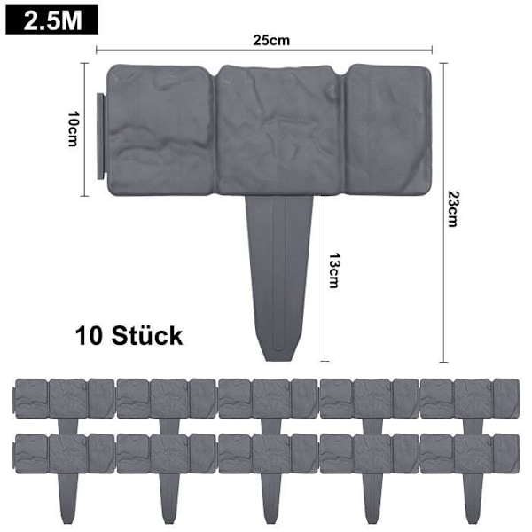 LARS360 Plast Gräsmattkant 2,5 m Stenlook Trädgårdskant - 1 element (B x H): 25cm x 23cm Antracit