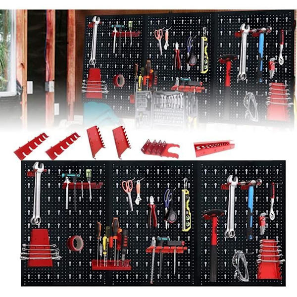 LARS360 Perforerad metallverktygstavla med 17 krokar kit - Mått: 120 x 60 x 2 cm Svart röd