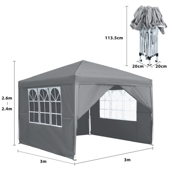 LZQ hopfällbart trädgårdslusthus, vattentätt och stabilt, kraftigt popup-tält för sommaren, med 4 sidoväggar grå Grå