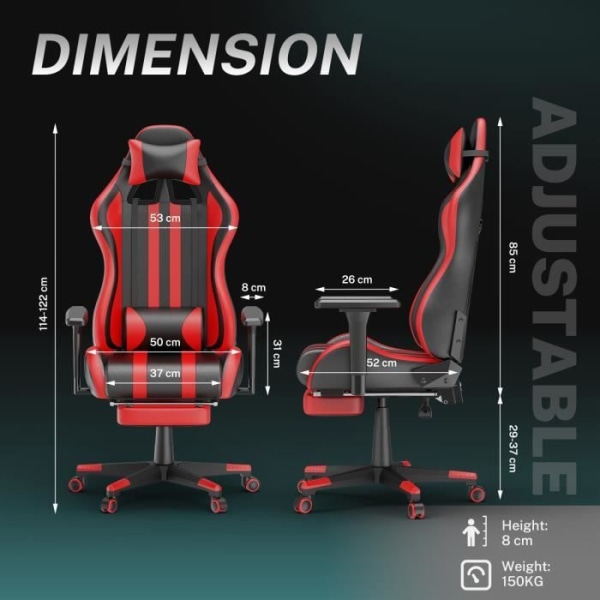 LZQ Ergonomic Gaming stol med massagefunktion, kontorsstol med fotstöd, svankkudde, 360° vridbar,
