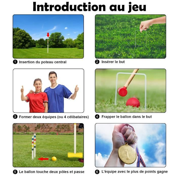 Croquet-set - LZQ - 4 spelare - Träklubbor - Färgade bollar - Lätt att installera färgrik