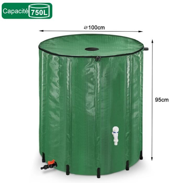 LZQ Tank hopfällbar regnvattenuppsamlare Regnvattenuppsamlare med kran, sil, avloppsventil, etc. - 750 L Grön