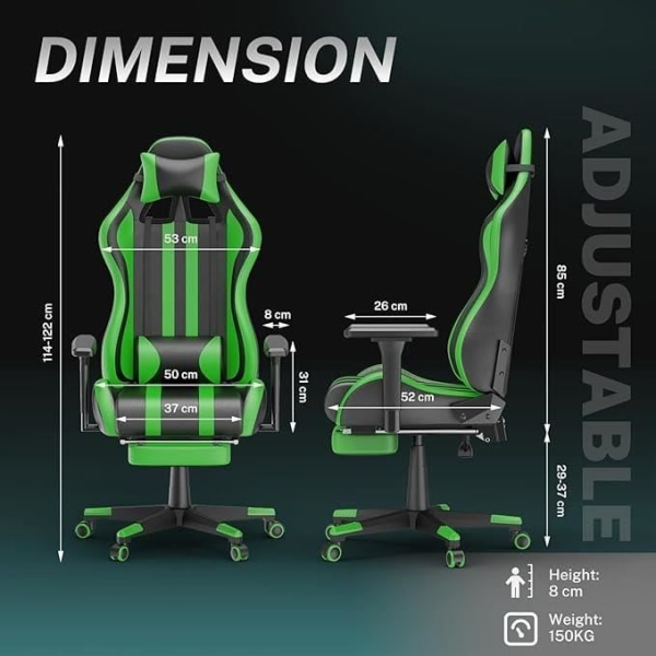 LZQ ergonomisk spelstol med massagefunktion, kontorsstol med fotstöd, svankkudde, 360° vridbar, grön