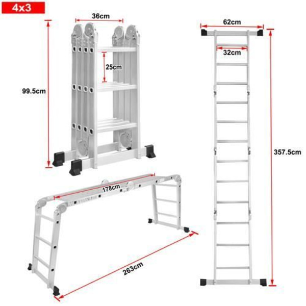 LARS360 6 i 1 stege stege 3,4 m - multifunktionsstege ledad stege med plattform 4x3 stegsteg aluminium stege
