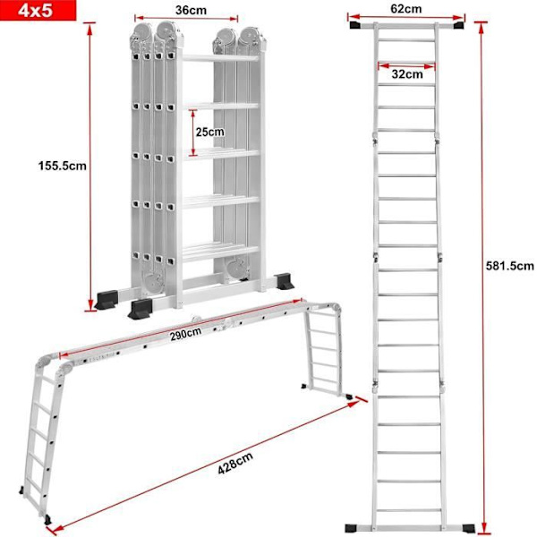 Multifunktionsstege av aluminium LZQ - 4x5 550cm - 6 i 1 - hopfällbar, hushålls- och arbetsstege pengar