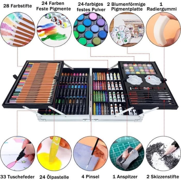 LZQ 145 färgpennor set - målarfodral, barnleksaker för barn, akvarell, vaxkritor, akvarell
