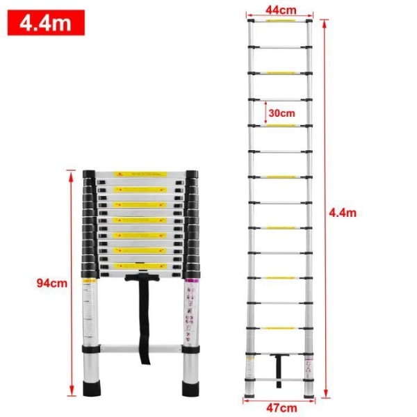 LZQ teleskopstege i aluminium - 4,4m - 15 stegpinnar - Kapacitet 150 kg pengar