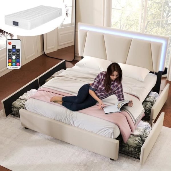 LZQ dubbelsängsram 160x200cm med resår och madrass, säng för tonåringar med höjdjusterbar sänggavel och LED, beige