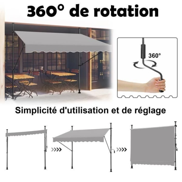 LZQ Infällbar manuell markisgardin - Grå - 350x120cm - Anti UV - Högkvalitativ PU polyester Grå