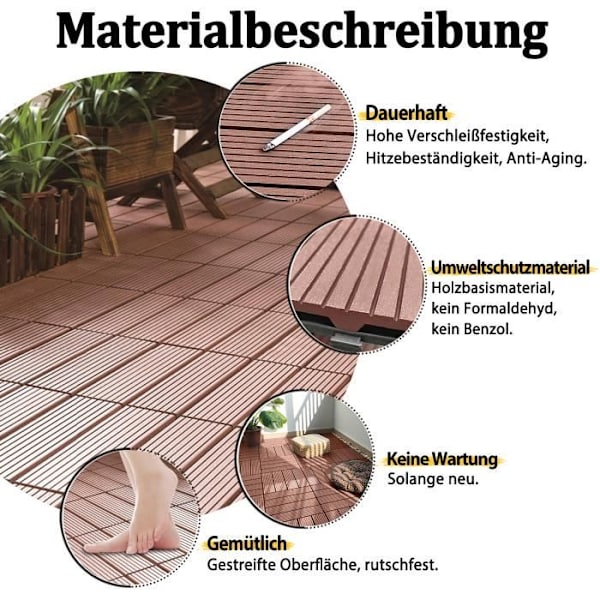 LARS360 Interlocking Wood Composite WPC Interlocking Garden Plates Utomhusgolvplattor 30 x 30 cm (1m²), paket med 11 kastanj