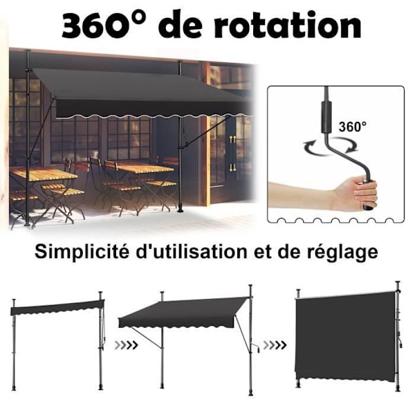 LZQ Infällbar manuell markisgardin - Mörkgrå - 250x120cm - Ingen borrning - Justerbar höjd - Anti UV Mörkgrå