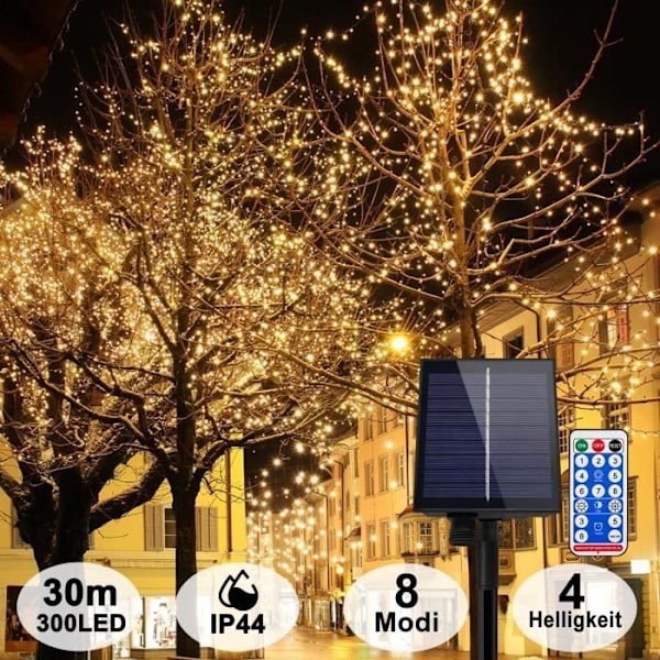 LARS360 Solar Fairy Lights 30m, 8 lägen, IP44, julbelysning med timer och minnesfunktion - varmvit