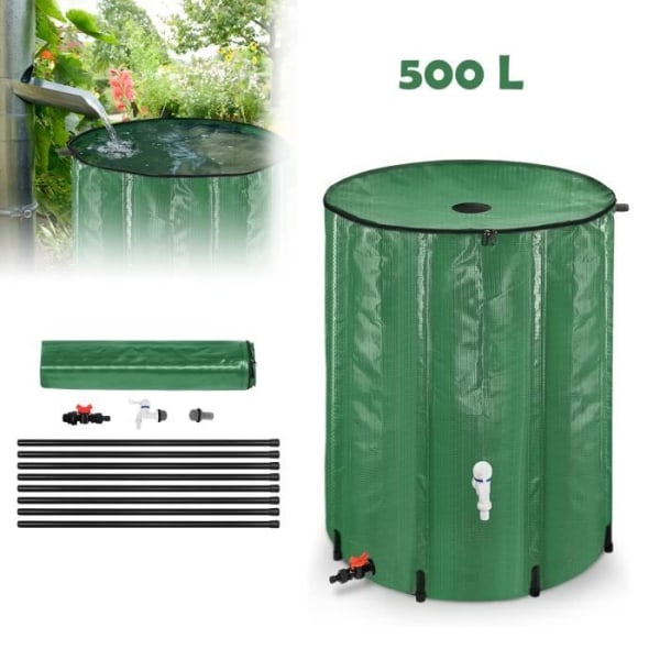 LZQ Tank hopfällbar regnvattenuppsamlare Regnvattenuppsamlare med kran, sil, avloppsventil, etc. - 500L Grön