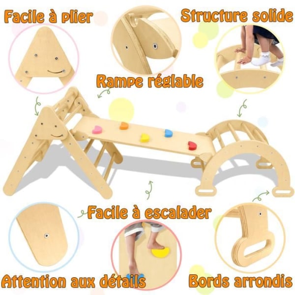 LZQ 3 i 1 klättertriangel &amp; stege &amp; rutschkana för barn, Montessori klätterstege - trärutschkana inomhus