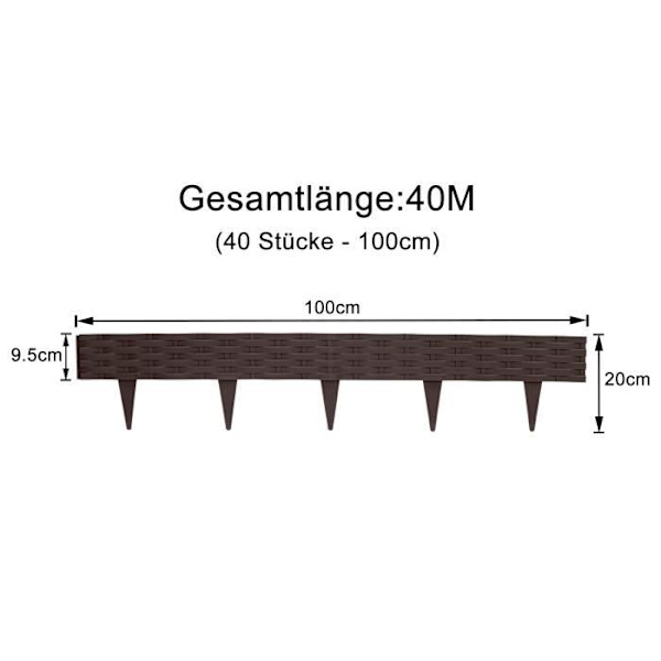 LARS360 40-pack rottinglook gräsmatta med 40 element 100 cm rotting design trädgårdssäng kant brun