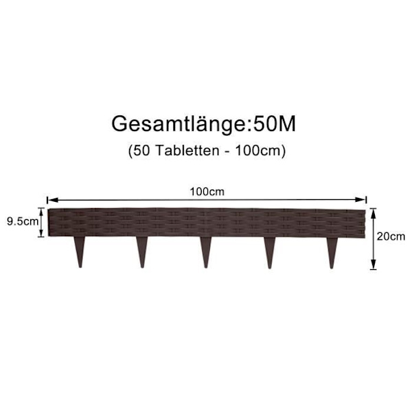 LARS360 50-pack rottinglook gräsmatta med 50 element 100 cm rotting design trädgårdssäng kant brun