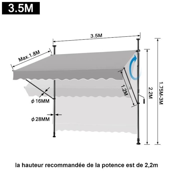 LZQ Infällbar manuell markisgardin - Grå - 350x120cm - Anti UV - Högkvalitativ PU polyester Grå
