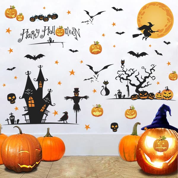 3D Halloween Fönsterdekaler Väggdekaler, Slott Pumpa Häxa Hall