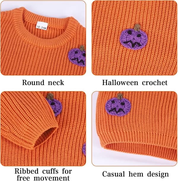 Spædbarn/Småbarn Halloween Lilla 3D Hæklet Græskar Sweater – Orange Rundhals Langærmet Pullover 2–3 years old