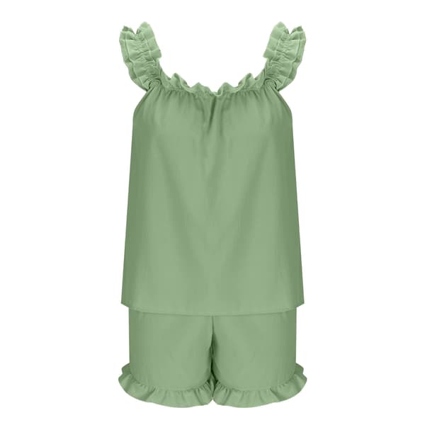 Kvinders blondebesatte stropløse shorts pyjamas sæt: Løstsiddende, åndbart, grønt, ærmeløst sommer loungewear todelt sæt M