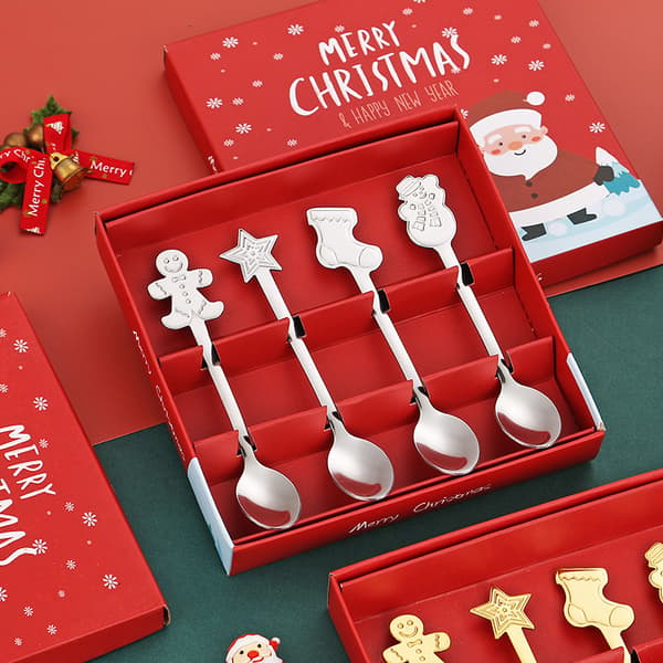 Bestickset i rostfritt stål Julsked Presentförpackning - 4-delad dessertsked Tecknad julklappslåda - Silver