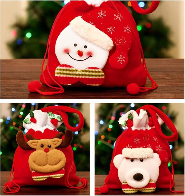 Julklappspåse med dragsko, 4-pack, juldesign i 3D, tyg, A