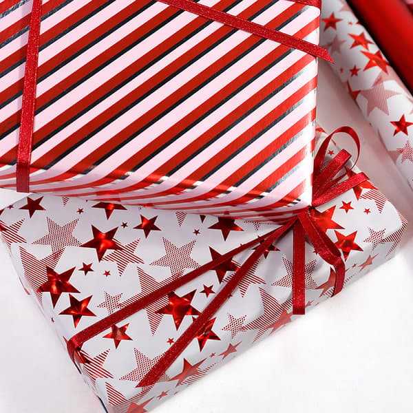 Jul-presentpapper – 3-pack (Röda & Guldstjärnor och ränder) – Festligt papper för presentaskar och julklappar