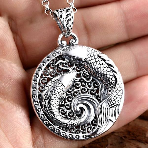 Sterling Silver Koi Halsband - Retro Stil Nationalt Modehalsband för Män, Kvinnor och Par