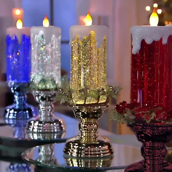 Led julljus, juldekorationer Led flamlöst ljus, USB uppladdningsbart färgskiftande vattentätt virvlande glitter flamlöst ljus