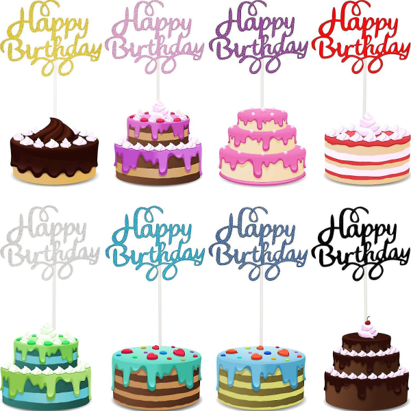 48 delar Födelsedagstårta Toppers Grattis på födelsedagen Cake Topper Picks Glitter Cake Topper dekoration för födelsedagsfest tårttillbehör, 8 färger (klassisk)